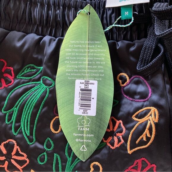 NEW FARM Rio Black Pants Embroidered Intricate Tropical Embroidery Satin Size M - Picture 15 of 15